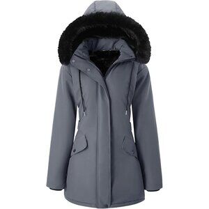 Women's Puffer Jacket Coat Gray Fleece Lined Long Hooded Waterproof Outerwear